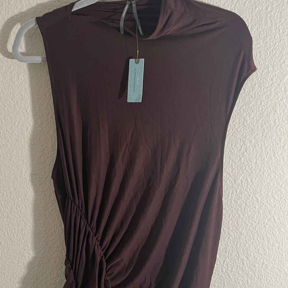 Anthropologie women’s Sz 2X Sleeveless Mock Neck Ruched Midi Dress Brown Bodycon - Picture 7 of 13